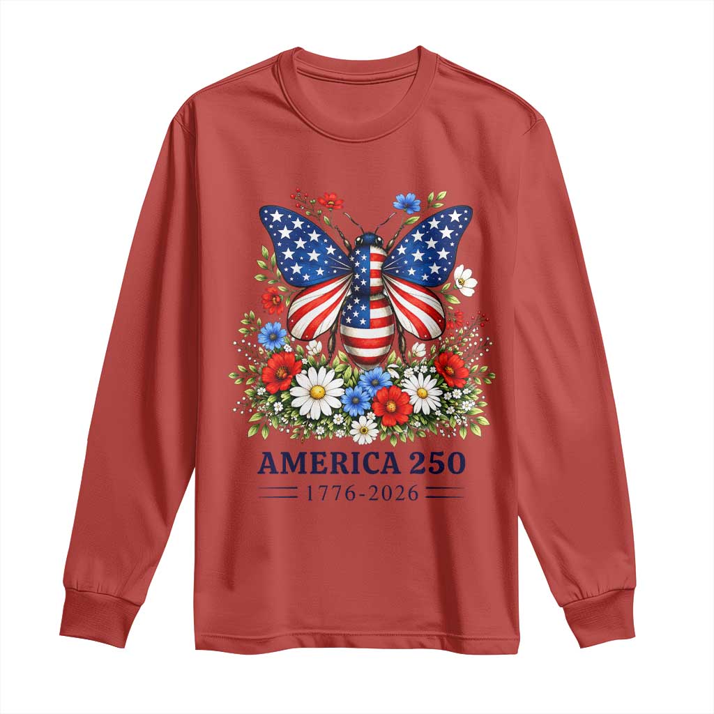 America 250 Patriotic Butterfly Floral Graphic Long Sleeve Shirt American Flag Wings Watercolor Wildflowers 1776 to 2026 Semiquincentennial TS02 Red Print Your Wear