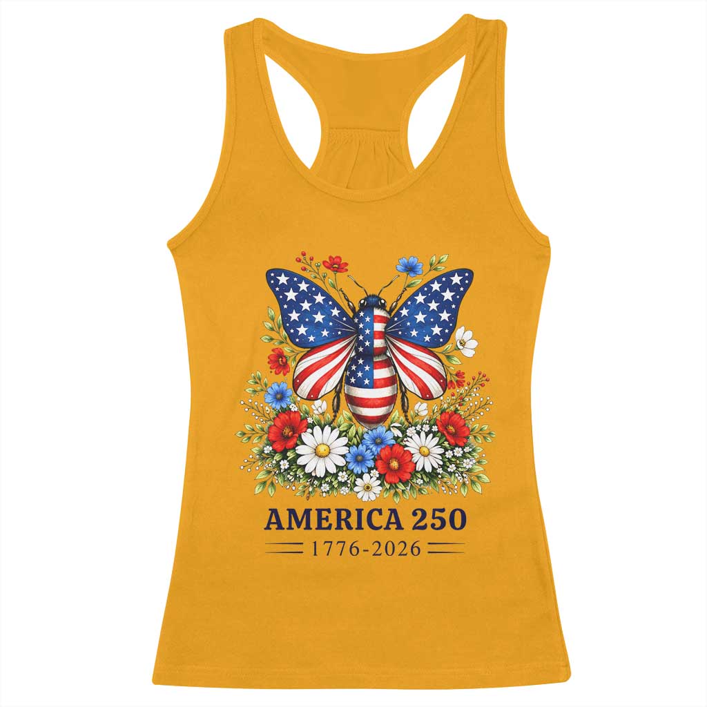 America 250 Patriotic Butterfly Floral Graphic Racerback Tank Top American Flag Wings Watercolor Wildflowers 1776 to 2026 Semiquincentennial TS02 Gold Print Your Wear