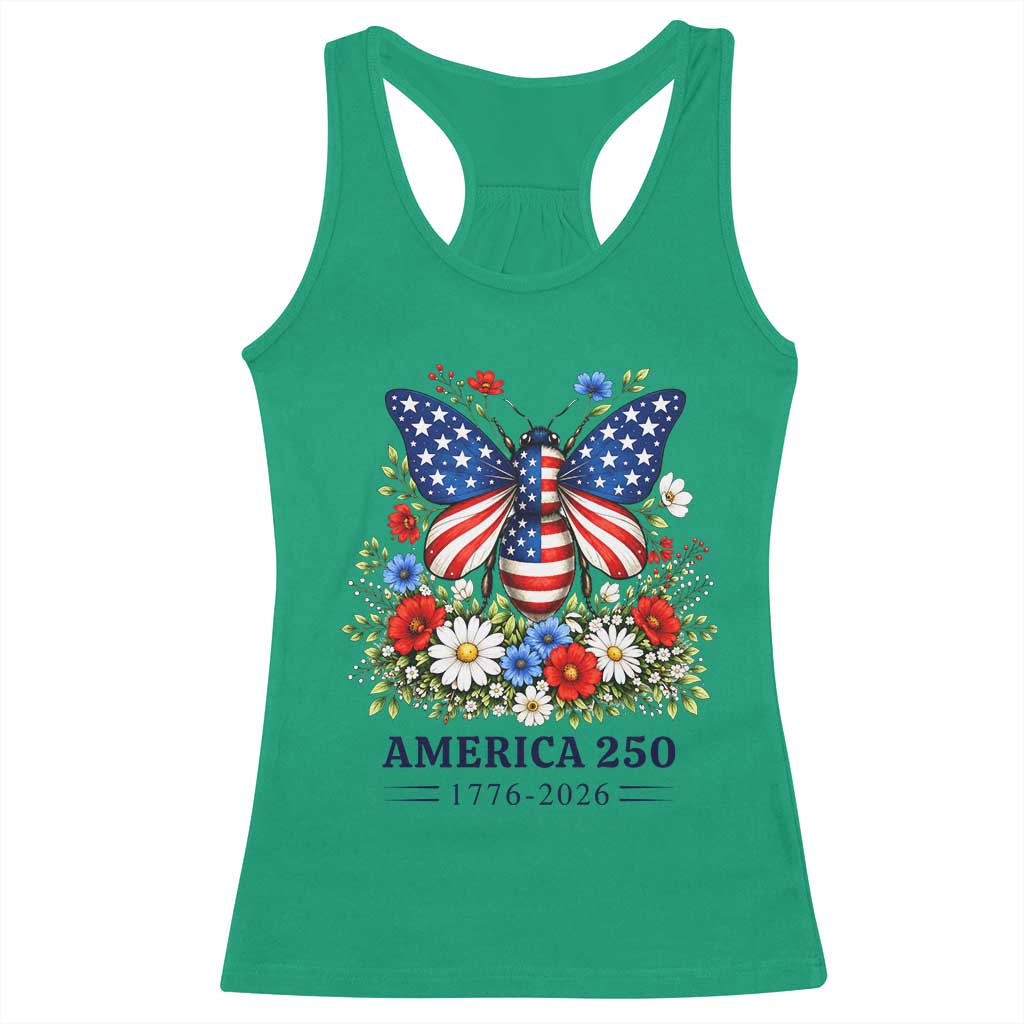 America 250 Patriotic Butterfly Floral Graphic Racerback Tank Top American Flag Wings Watercolor Wildflowers 1776 to 2026 Semiquincentennial TS02 Irish Green Print Your Wear