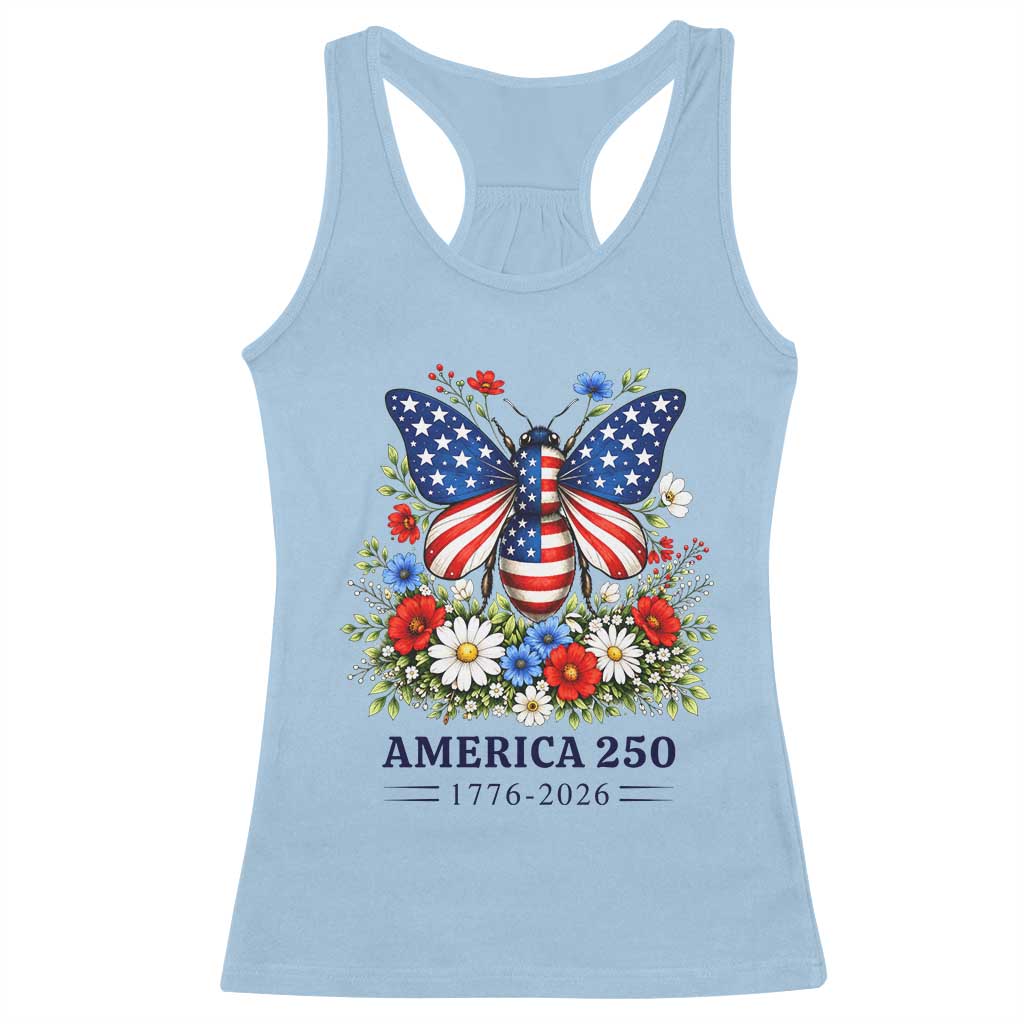 America 250 Patriotic Butterfly Floral Graphic Racerback Tank Top American Flag Wings Watercolor Wildflowers 1776 to 2026 Semiquincentennial TS02 Light Blue Print Your Wear