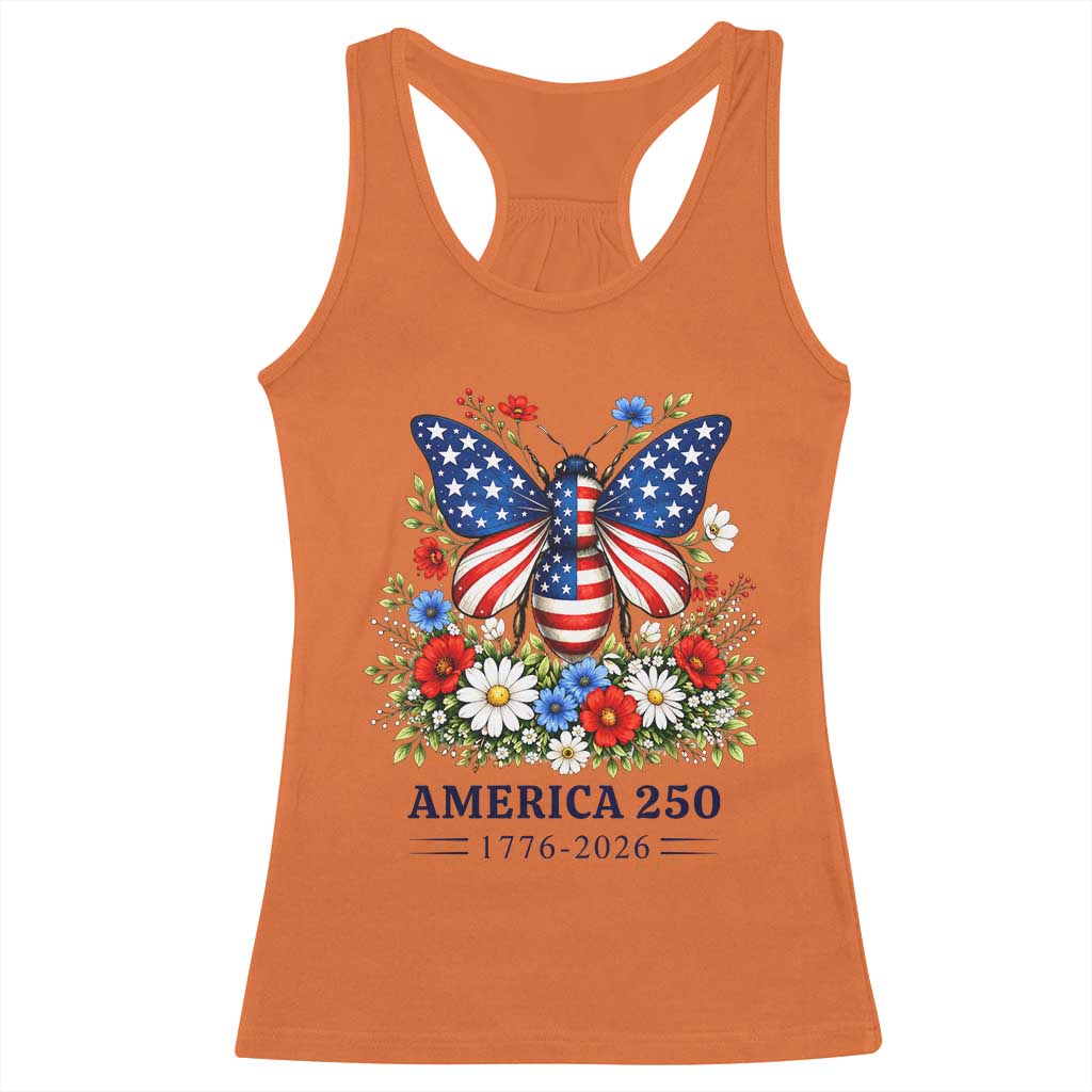 America 250 Patriotic Butterfly Floral Graphic Racerback Tank Top American Flag Wings Watercolor Wildflowers 1776 to 2026 Semiquincentennial TS02 Orange Print Your Wear