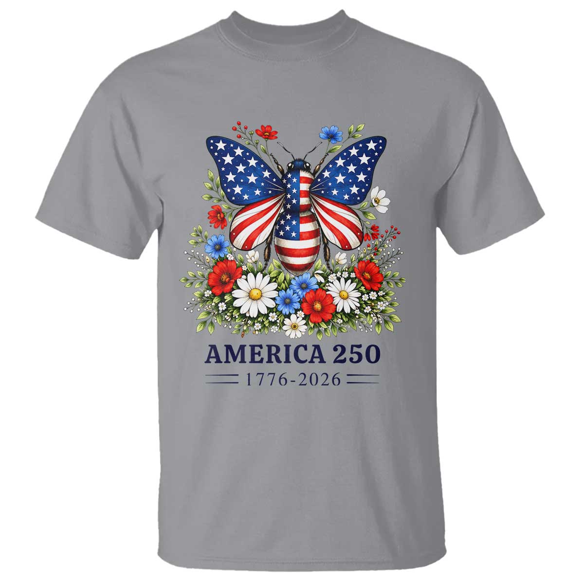 America 250 Patriotic Butterfly Floral Graphic T Shirt American Flag Wings Watercolor Wildflowers 1776 to 2026 Semiquincentennial TS02 Sport Gray Print Your Wear