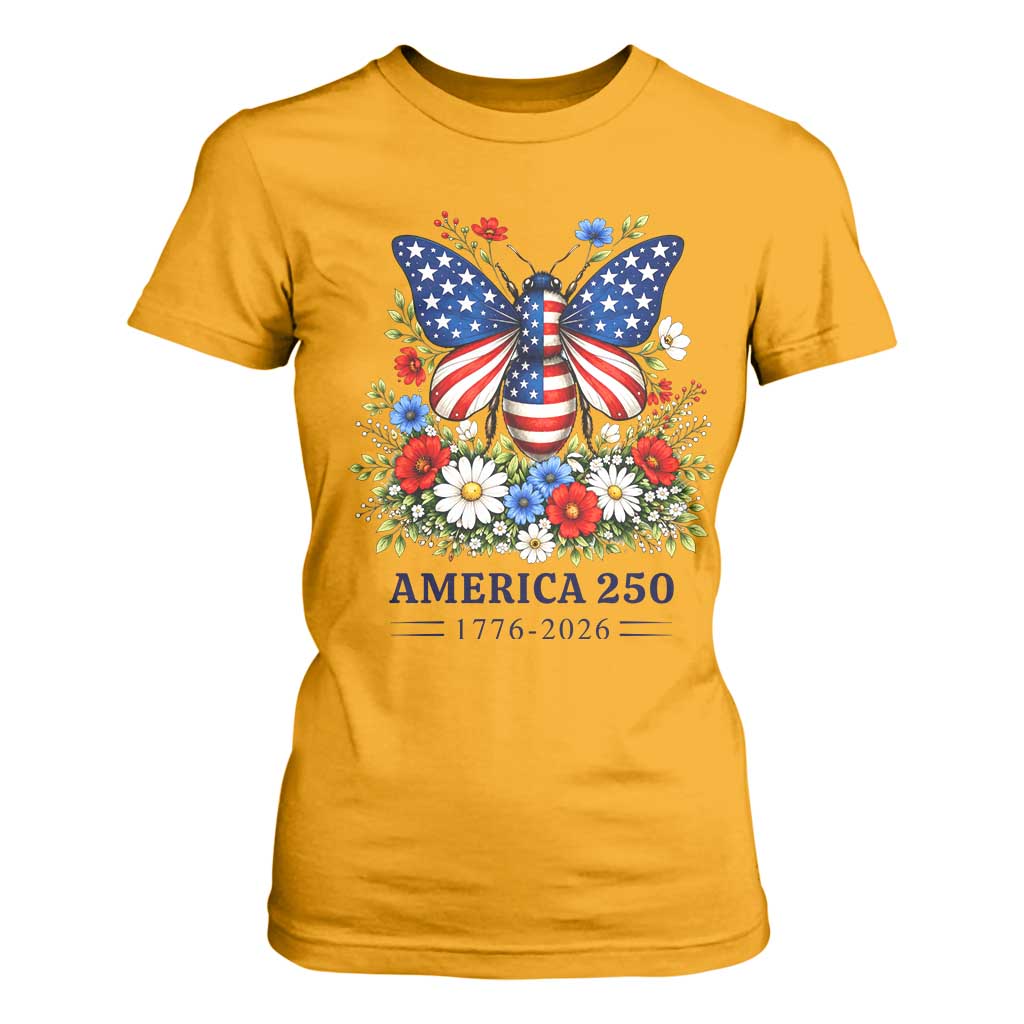 America 250 Patriotic Butterfly Floral Graphic T Shirt For Women American Flag Wings Watercolor Wildflowers 1776 to 2026 Semiquincentennial