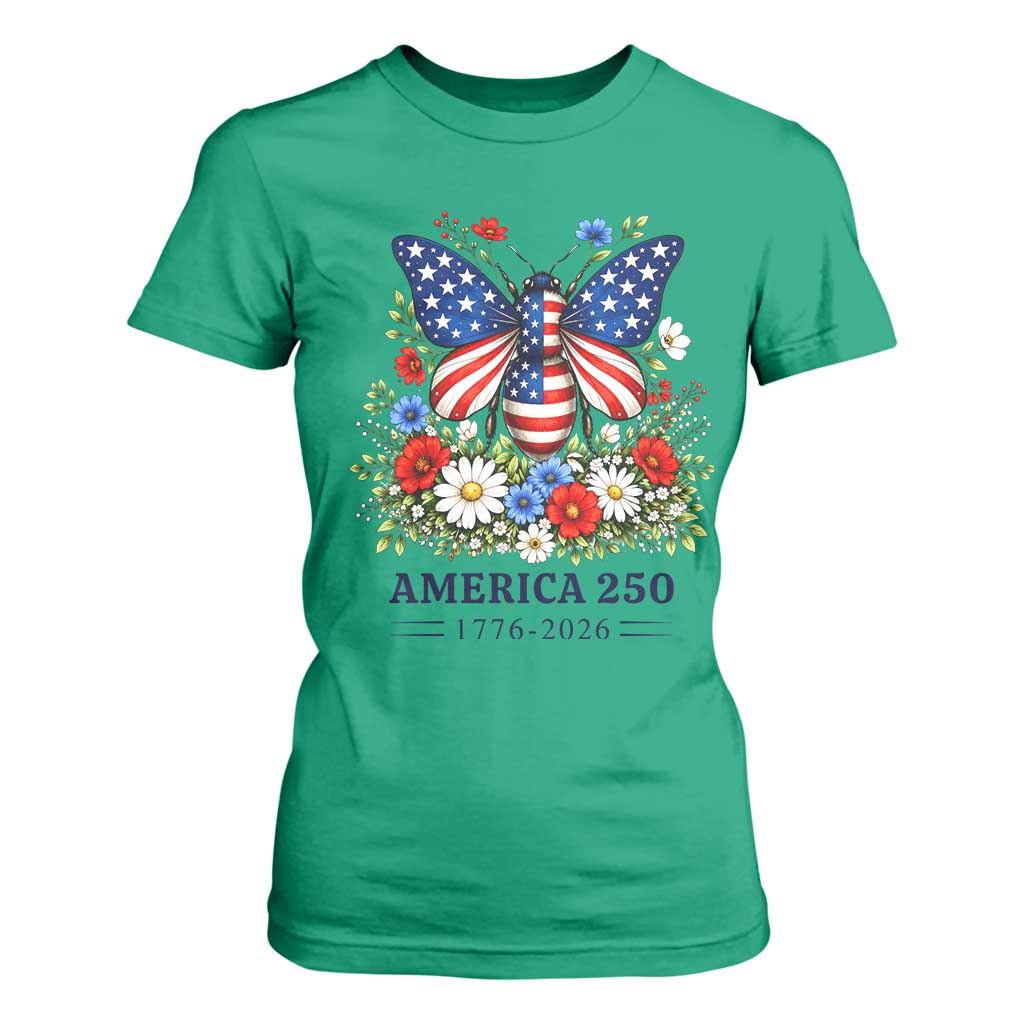 America 250 Patriotic Butterfly Floral Graphic T Shirt For Women American Flag Wings Watercolor Wildflowers 1776 to 2026 Semiquincentennial