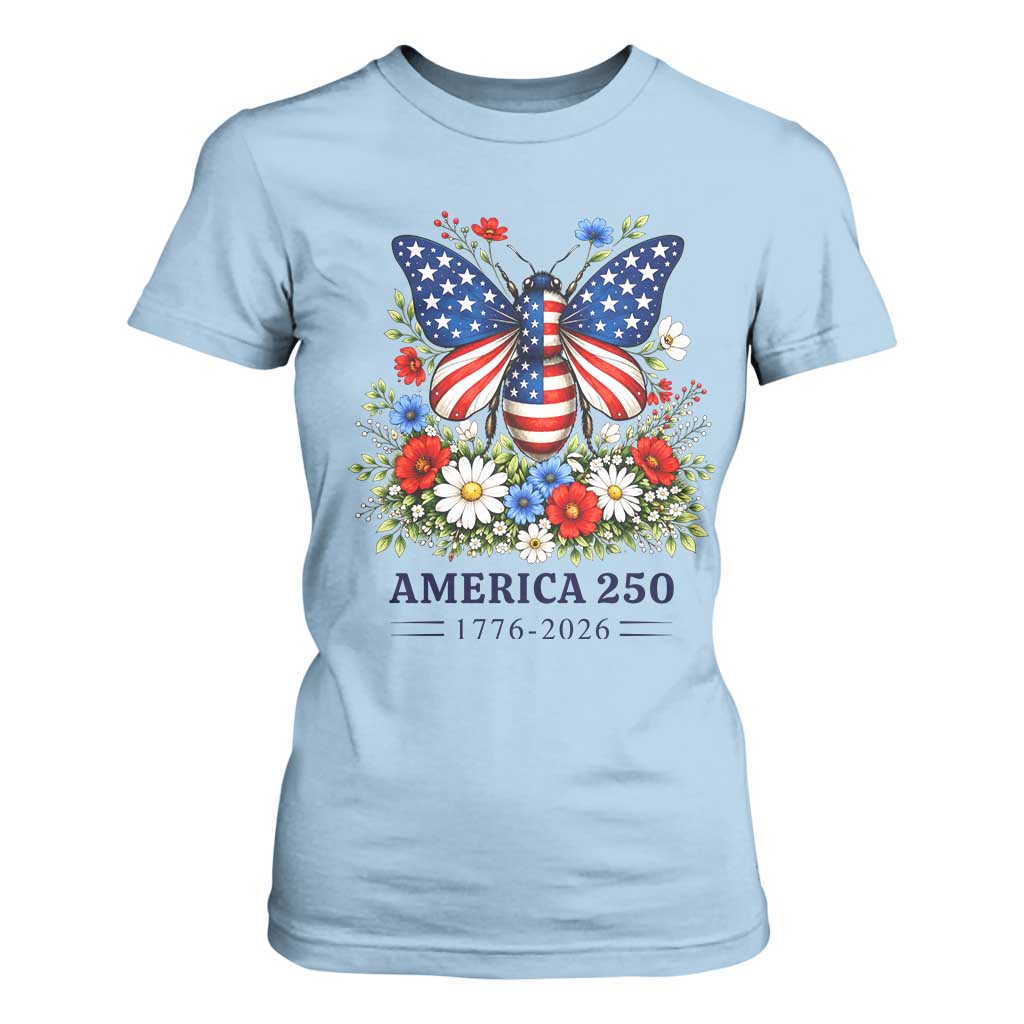 America 250 Patriotic Butterfly Floral Graphic T Shirt For Women American Flag Wings Watercolor Wildflowers 1776 to 2026 Semiquincentennial