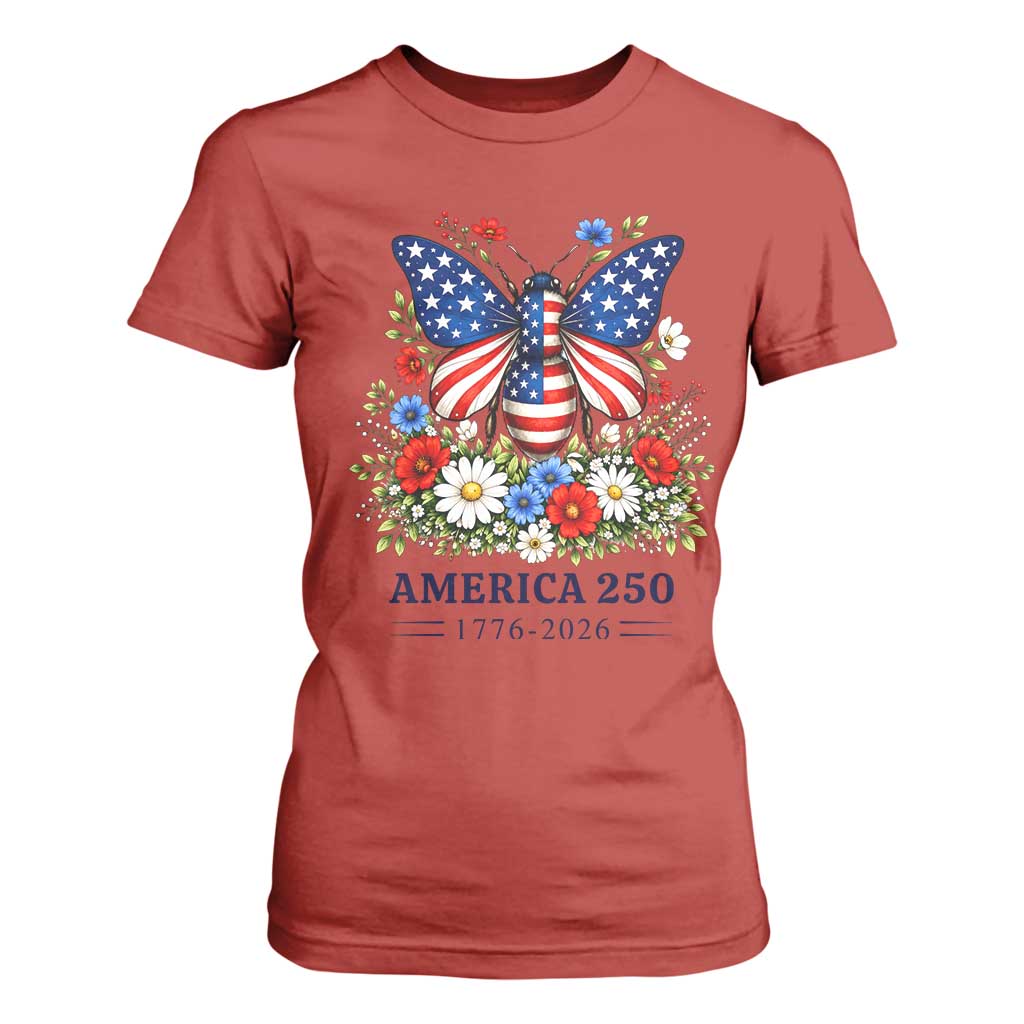 America 250 Patriotic Butterfly Floral Graphic T Shirt For Women American Flag Wings Watercolor Wildflowers 1776 to 2026 Semiquincentennial