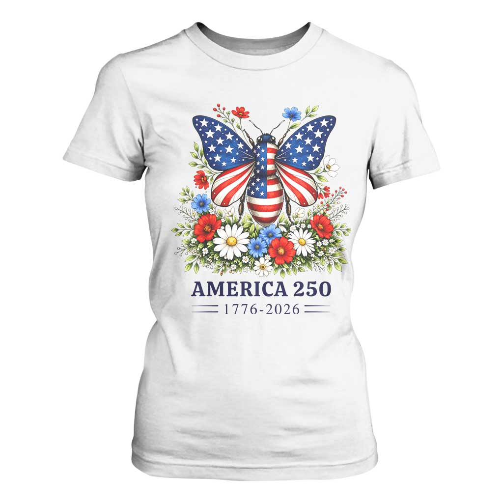 America 250 Patriotic Butterfly Floral Graphic T Shirt For Women American Flag Wings Watercolor Wildflowers 1776 to 2026 Semiquincentennial TS02 White Print Your Wear