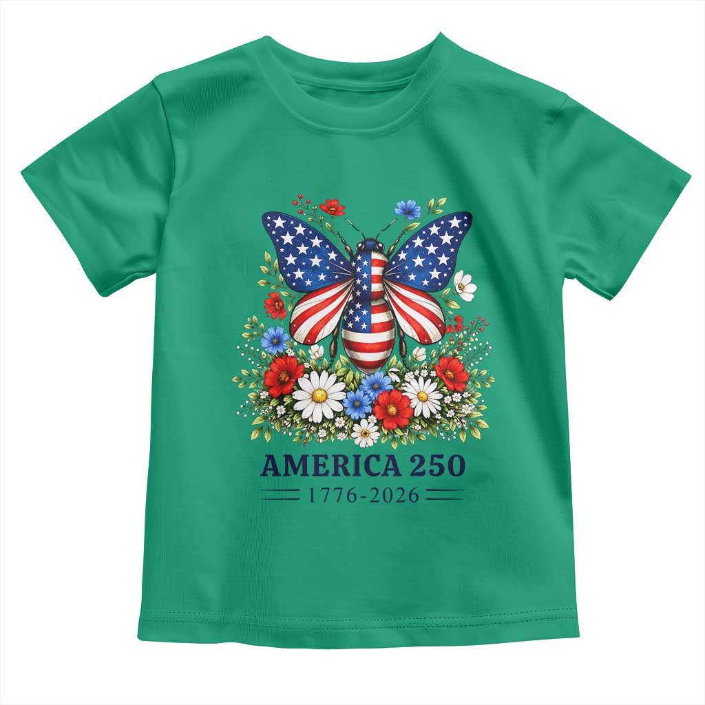 America 250 Patriotic Butterfly Floral Graphic Toddler T Shirt American Flag Wings Watercolor Wildflowers 1776 to 2026 Semiquincentennial TS02 Irish Green Print Your Wear