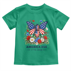 America 250 Patriotic Butterfly Floral Graphic Toddler T Shirt American Flag Wings Watercolor Wildflowers 1776 to 2026 Semiquincentennial TS02 Irish Green Print Your Wear
