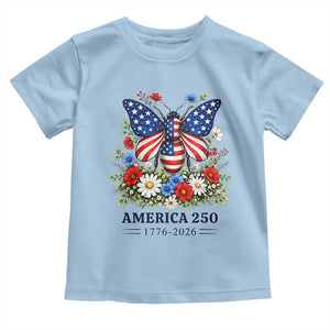 America 250 Patriotic Butterfly Floral Graphic Toddler T Shirt American Flag Wings Watercolor Wildflowers 1776 to 2026 Semiquincentennial TS02 Light Blue Print Your Wear