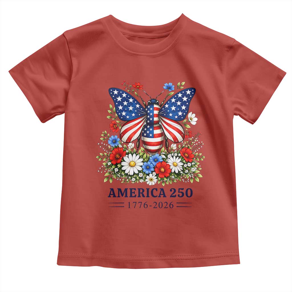 America 250 Patriotic Butterfly Floral Graphic Toddler T Shirt American Flag Wings Watercolor Wildflowers 1776 to 2026 Semiquincentennial TS02 Red Print Your Wear