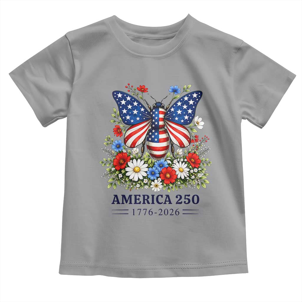 America 250 Patriotic Butterfly Floral Graphic Toddler T Shirt American Flag Wings Watercolor Wildflowers 1776 to 2026 Semiquincentennial TS02 Sport Gray Print Your Wear