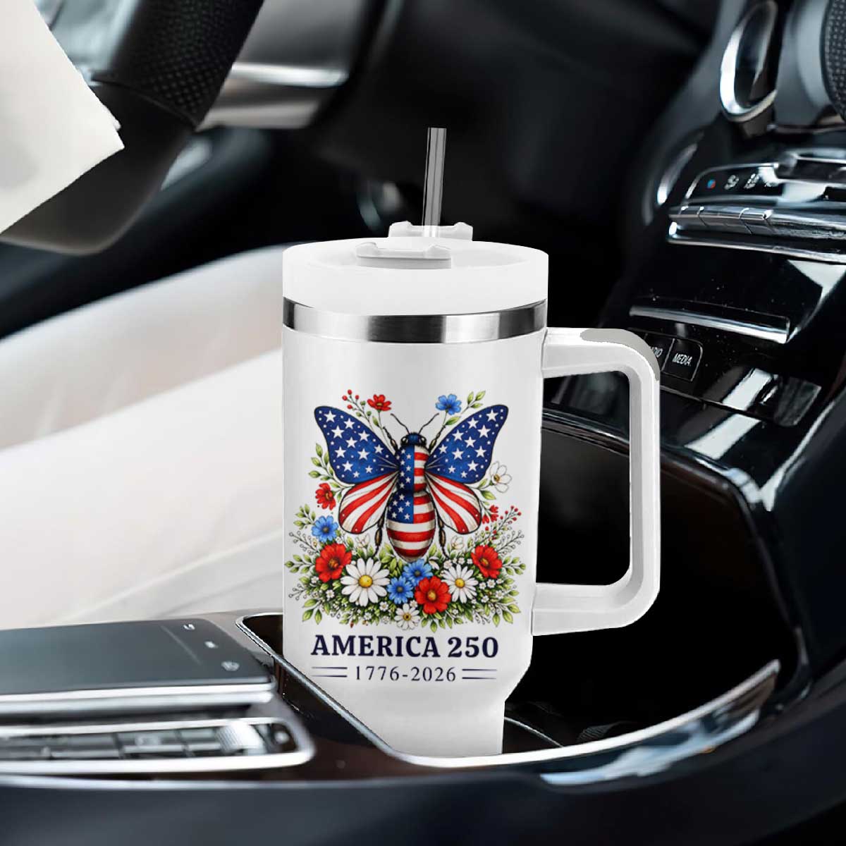 America 250 Patriotic Butterfly Floral Graphic Tumbler With Handle American Flag Wings Watercolor Wildflowers 1776 to 2026 Semiquincentennial TS02 Print Your Wear
