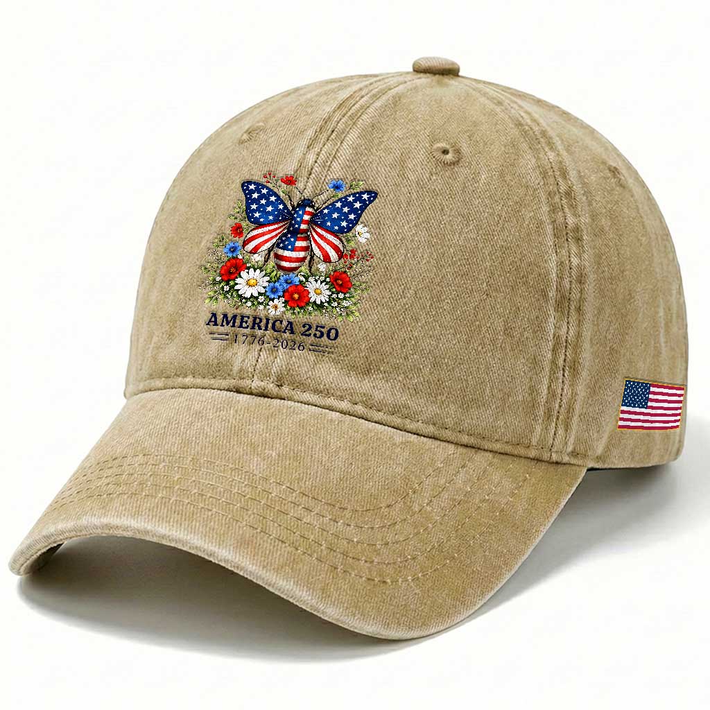 America 250 Patriotic Butterfly Floral Graphic Washed Cotton Baseball Cap American Flag Wings Watercolor Wildflowers 1776 to 2026 Semiquincentennial TS02 Print Your Wear