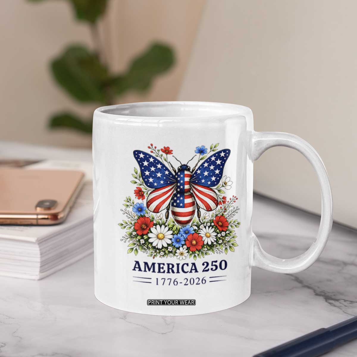 America 250 Patriotic Butterfly Floral Graphic Coffee Mug American Flag Wings Watercolor Wildflowers 1776 to 2026 Semiquincentennial TS02 Print Your Wear