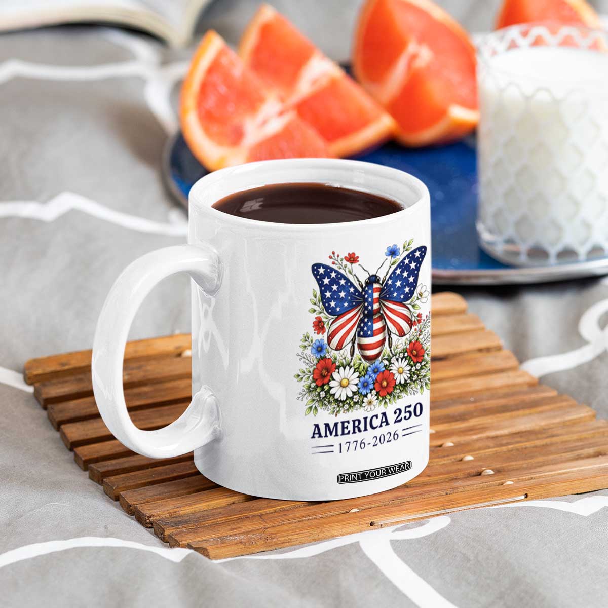 America 250 Patriotic Butterfly Floral Graphic Coffee Mug American Flag Wings Watercolor Wildflowers 1776 to 2026 Semiquincentennial TS02 Print Your Wear