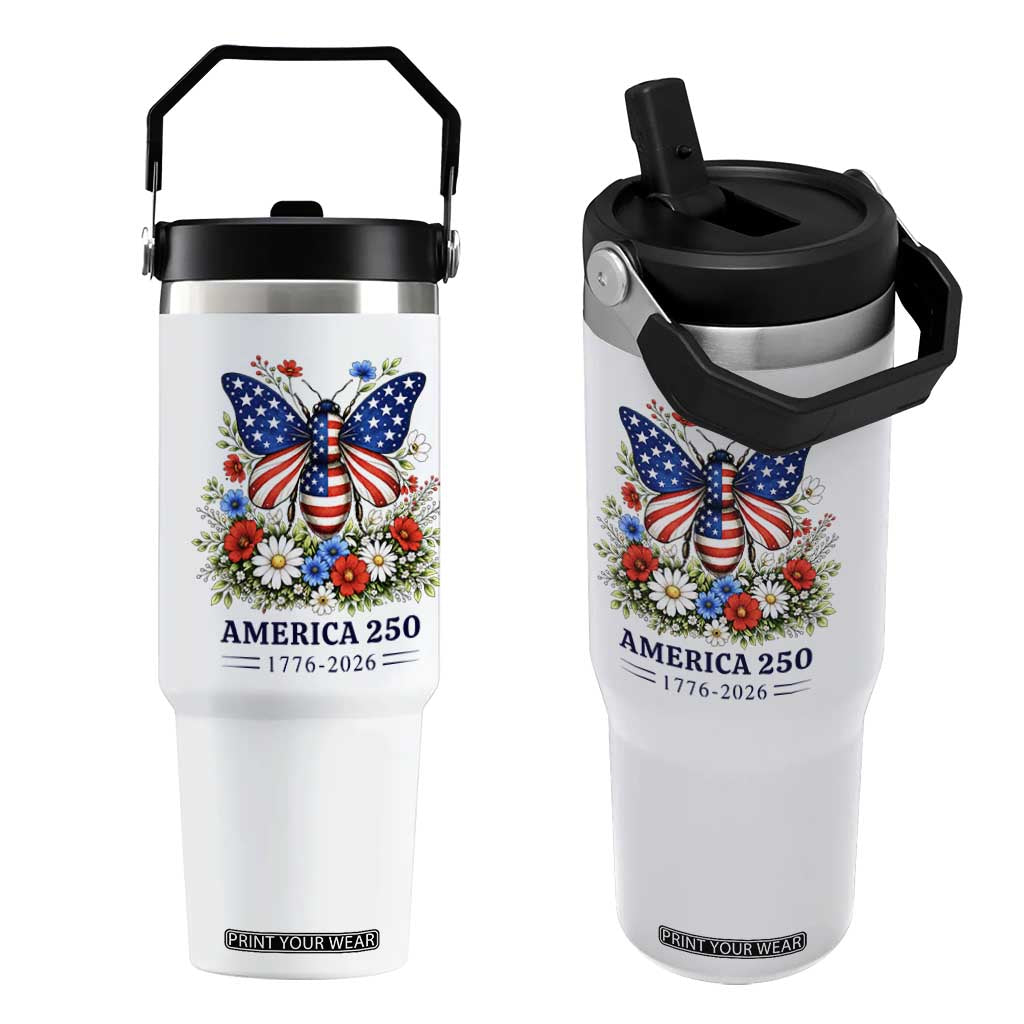 America 250 Patriotic Butterfly Floral Graphic Flip Straw Tumbler American Flag Wings Watercolor Wildflowers 1776 to 2026 Semiquincentennial TS02 One Size: 30 oz White Print Your Wear
