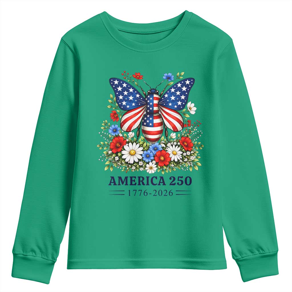 America 250 Patriotic Butterfly Floral Graphic Youth Sweatshirt American Flag Wings Watercolor Wildflowers 1776 to 2026 Semiquincentennial TS02 Irish Green Print Your Wear