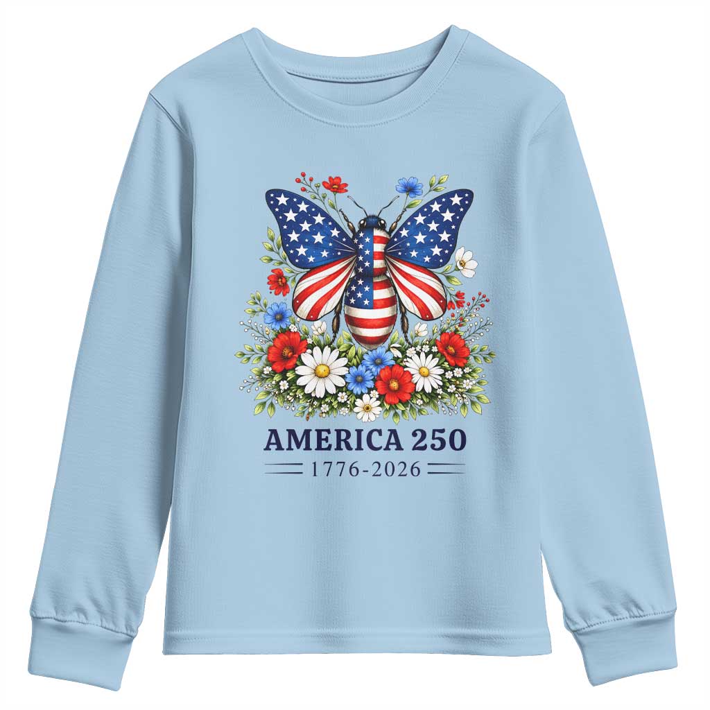 America 250 Patriotic Butterfly Floral Graphic Youth Sweatshirt American Flag Wings Watercolor Wildflowers 1776 to 2026 Semiquincentennial TS02 Light Blue Print Your Wear