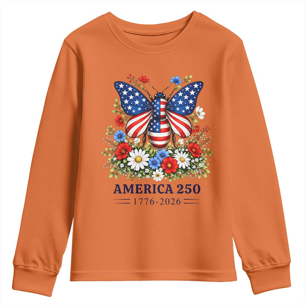 America 250 Patriotic Butterfly Floral Graphic Youth Sweatshirt American Flag Wings Watercolor Wildflowers 1776 to 2026 Semiquincentennial TS02 Orange Print Your Wear