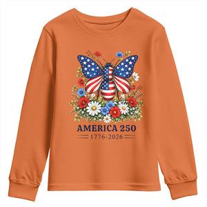 America 250 Patriotic Butterfly Floral Graphic Youth Sweatshirt American Flag Wings Watercolor Wildflowers 1776 to 2026 Semiquincentennial TS02 Orange Print Your Wear
