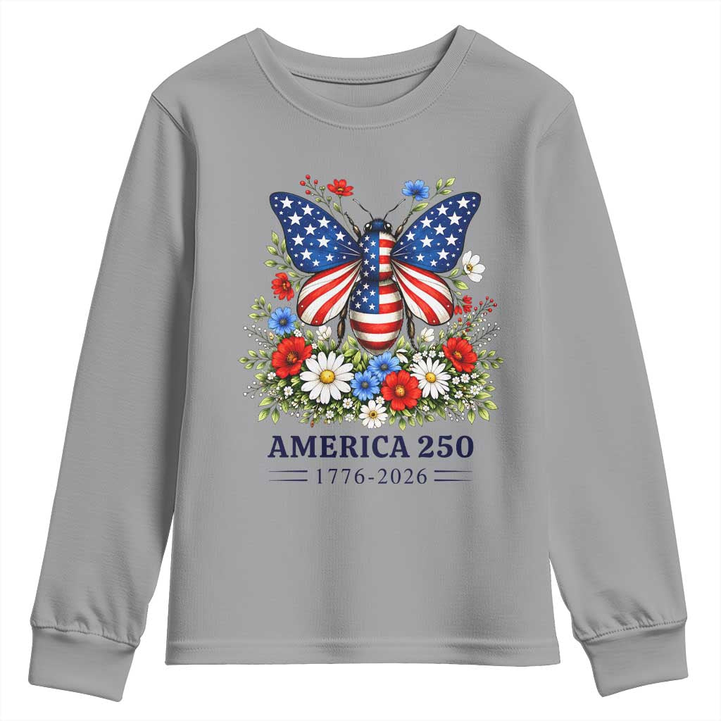 America 250 Patriotic Butterfly Floral Graphic Youth Sweatshirt American Flag Wings Watercolor Wildflowers 1776 to 2026 Semiquincentennial TS02 Sport Gray Print Your Wear