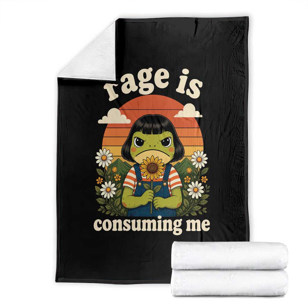 Rage Is Consuming Me Funny Cute Retro Cottagecore Frog Meme Throw Blanket Holding Sunflower Sunset Aesthetic Humor TS02 Black Print Your Wear