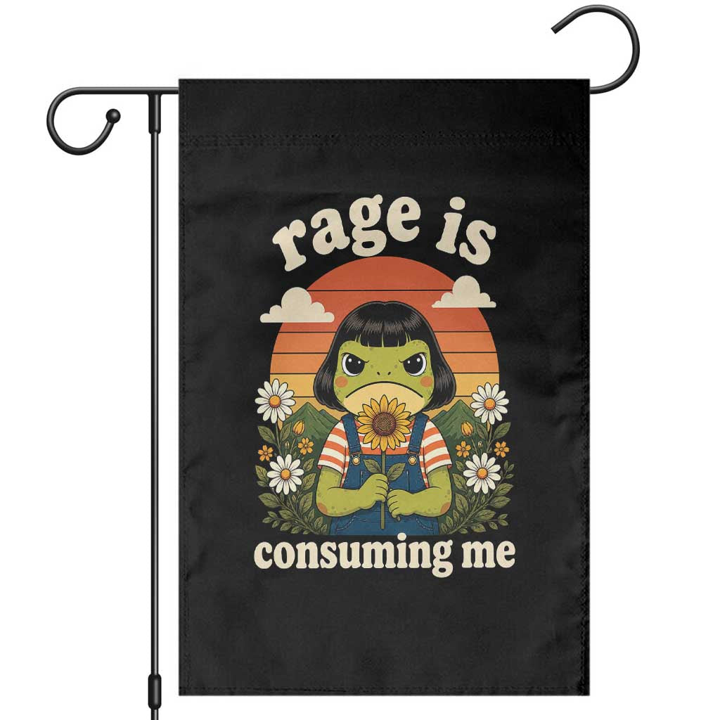 Rage Is Consuming Me Funny Cute Retro Cottagecore Frog Meme Garden Flag Holding Sunflower Sunset Aesthetic Humor TS02 Black Print Your Wear