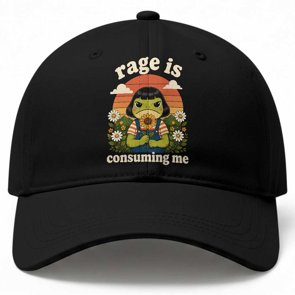 Rage Is Consuming Me Funny Cute Retro Cottagecore Frog Meme Baseball Cap Holding Sunflower Sunset Aesthetic Humor TS02 Print Your Wear