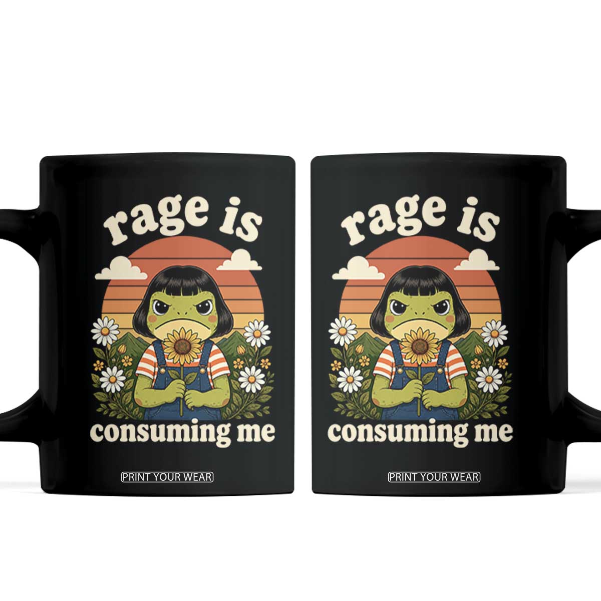 Rage Is Consuming Me Funny Cute Retro Cottagecore Frog Meme Coffee Mug Holding Sunflower Sunset Aesthetic Humor