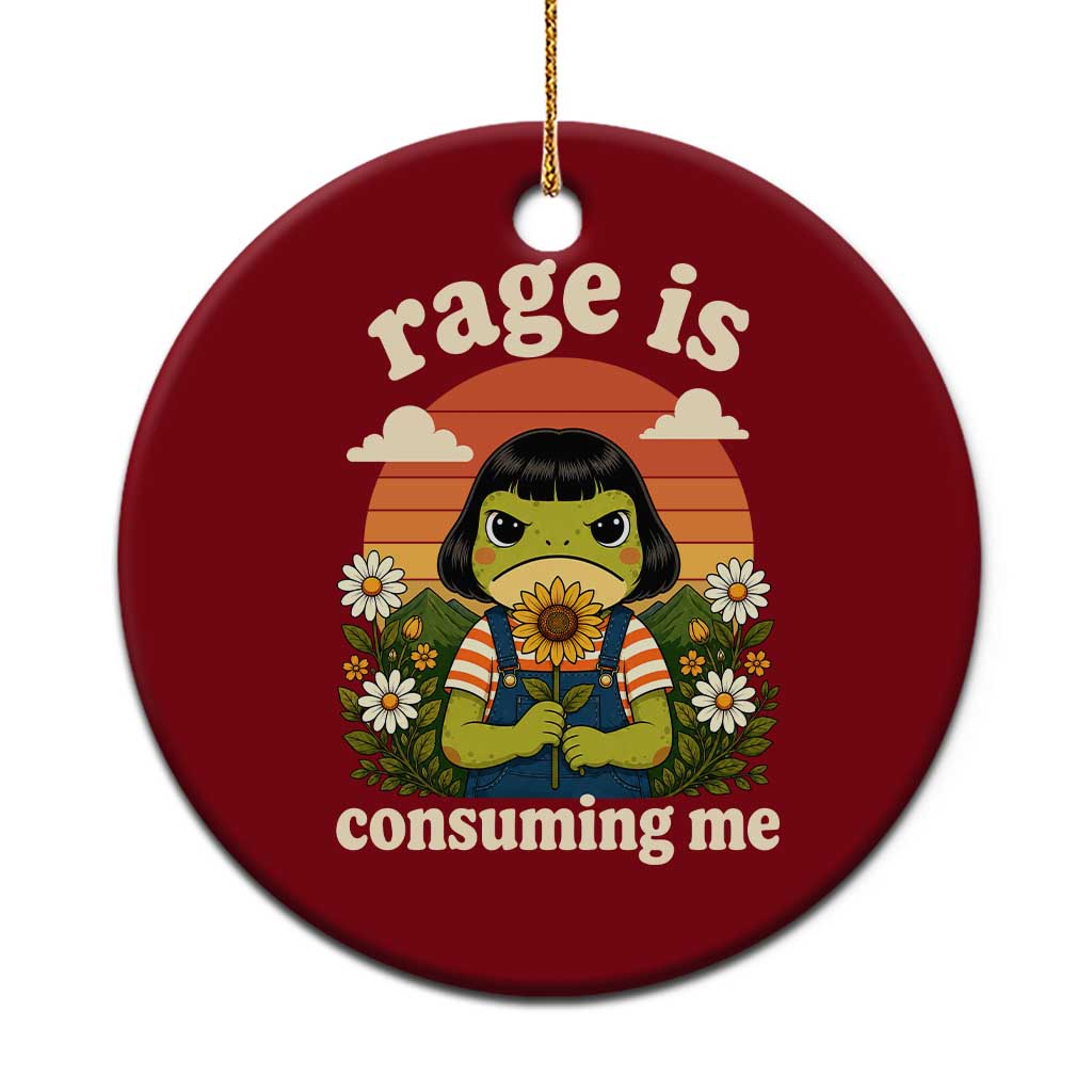 Rage Is Consuming Me Funny Cute Retro Cottagecore Frog Meme Ceramic Ornament Holding Sunflower Sunset Aesthetic Humor TS02 1pc Red Print Your Wear
