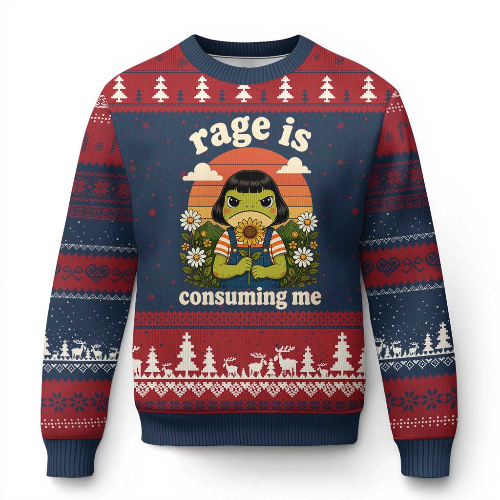 Rage Is Consuming Me Funny Cute Retro Cottagecore Frog Meme Ugly Christmas Sweater Holding Sunflower Sunset Aesthetic Humor TS02 Navy Red Print Your Wear