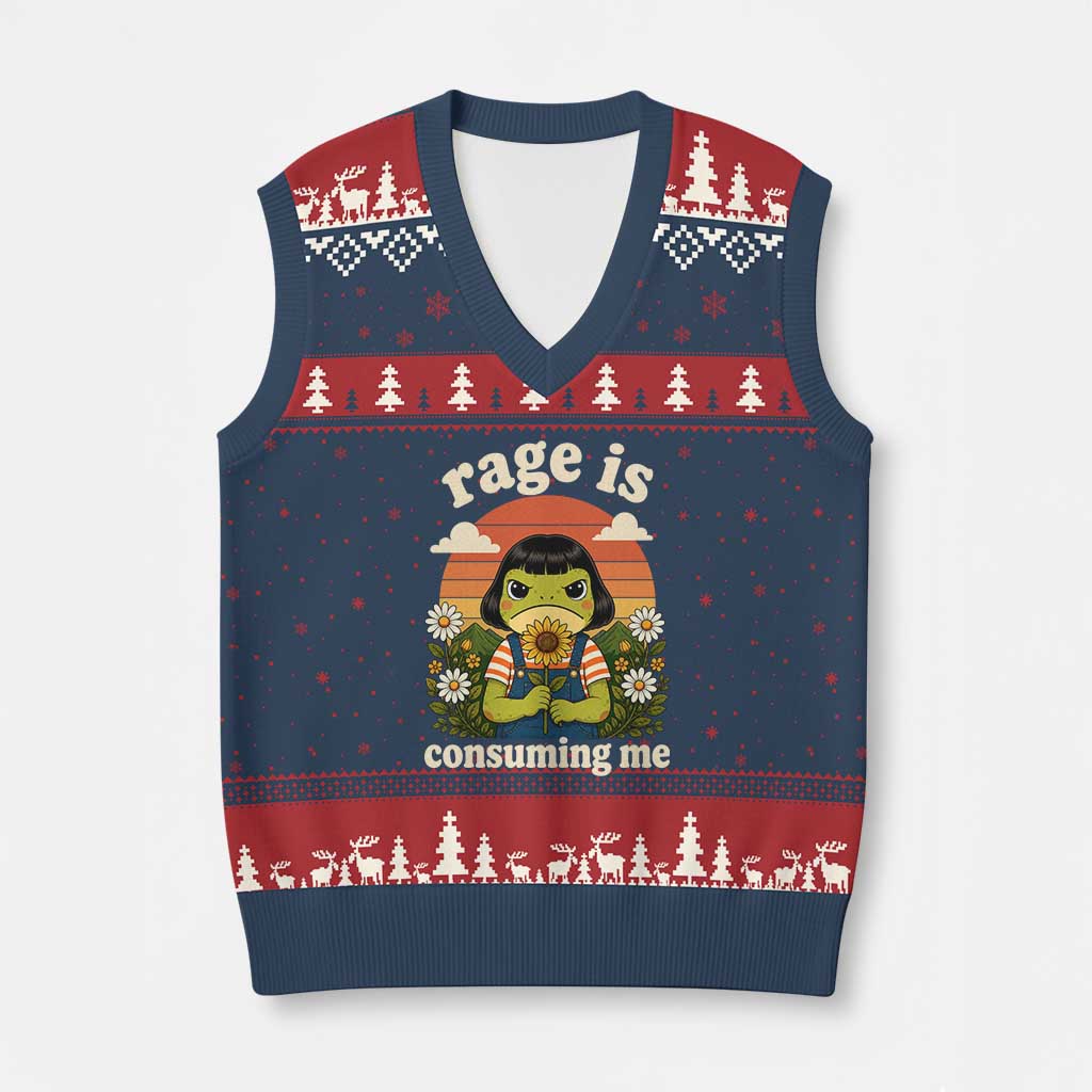 Rage Is Consuming Me Funny Cute Retro Cottagecore Frog Meme V-Neck Knit Sweater Vest Holding Sunflower Sunset Aesthetic Humor TS02 Navy Red Print Your Wear