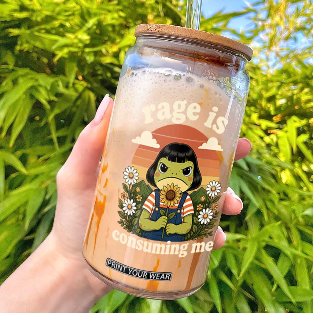 Rage Is Consuming Me Funny Cute Retro Cottagecore Frog Meme Glass Can Holding Sunflower Sunset Aesthetic Humor TS02 Black Print Your Wear