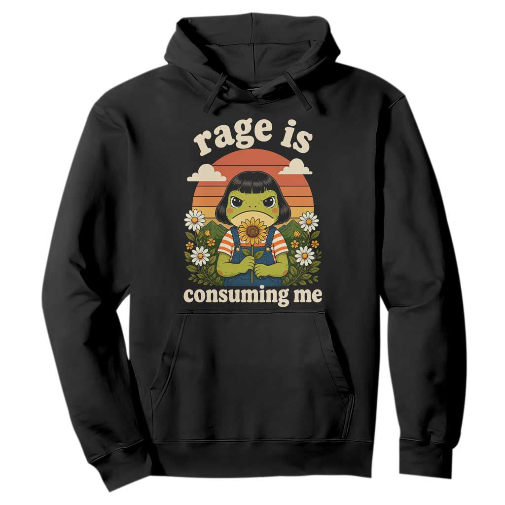 Rage Is Consuming Me Funny Cute Retro Cottagecore Frog Meme Hoodie Holding Sunflower Sunset Aesthetic Humor TS02 Black Print Your Wear