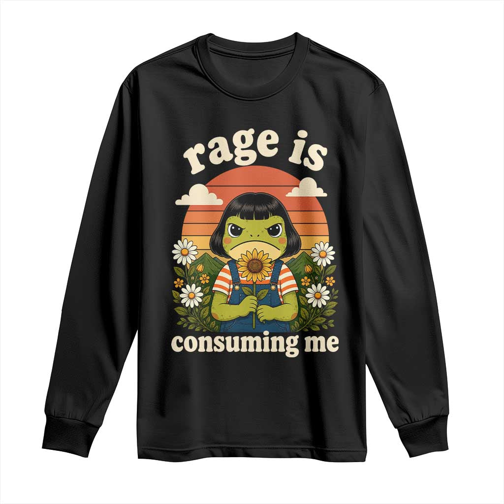 Rage Is Consuming Me Funny Cute Retro Cottagecore Frog Meme Long Sleeve Shirt Holding Sunflower Sunset Aesthetic Humor TS02 Black Print Your Wear