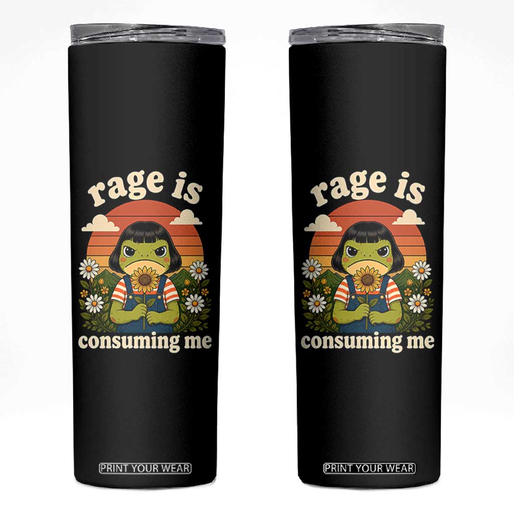 Rage Is Consuming Me Funny Cute Retro Cottagecore Frog Meme Skinny Tumbler Holding Sunflower Sunset Aesthetic Humor TS02 Black Print Your Wear