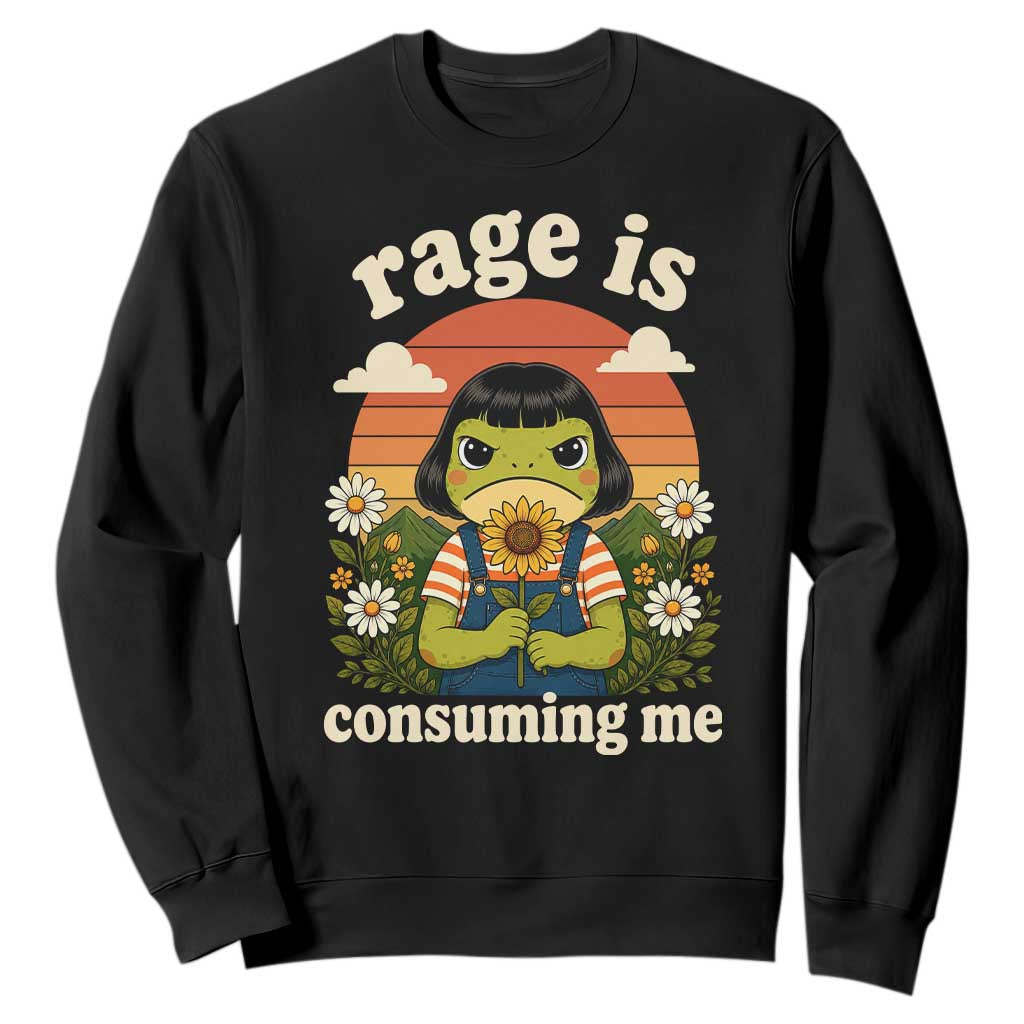 Rage Is Consuming Me Funny Cute Retro Cottagecore Frog Meme Sweatshirt Holding Sunflower Sunset Aesthetic Humor TS02 Black Print Your Wear