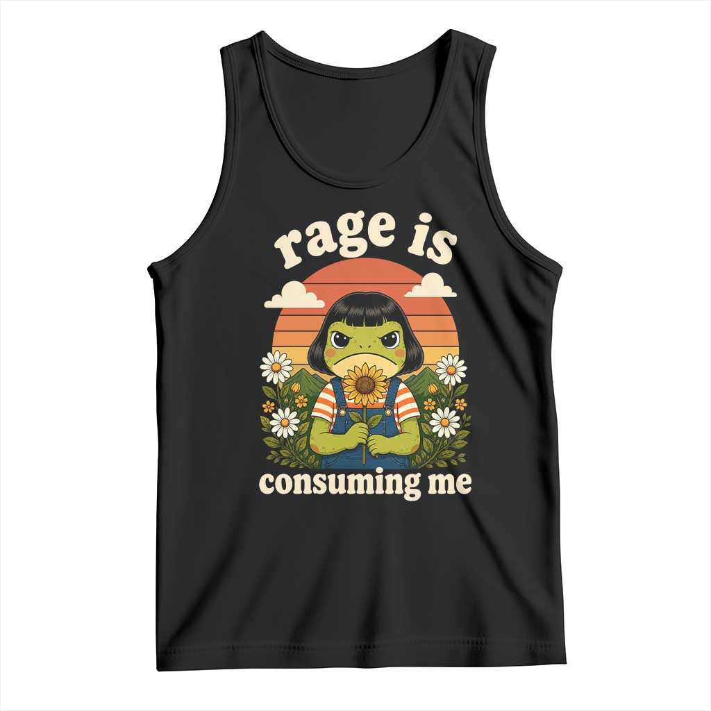 Rage Is Consuming Me Funny Cute Retro Cottagecore Frog Meme Tank Top Holding Sunflower Sunset Aesthetic Humor TS02 Black Print Your Wear