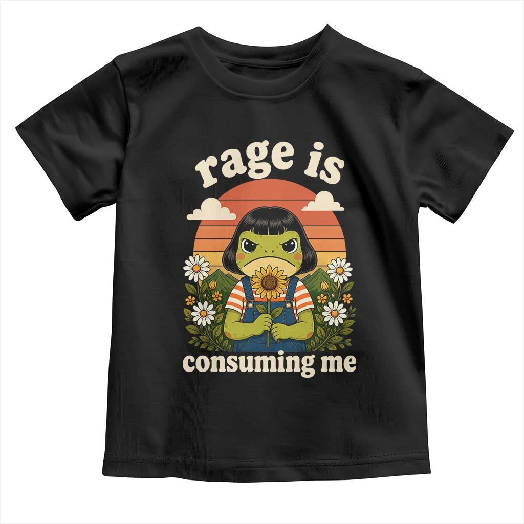Rage Is Consuming Me Funny Cute Retro Cottagecore Frog Meme Toddler T Shirt Holding Sunflower Sunset Aesthetic Humor TS02 Black Print Your Wear