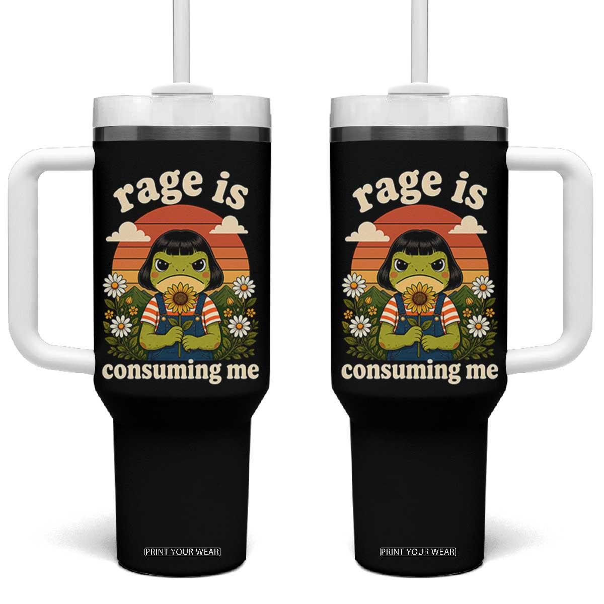 Rage Is Consuming Me Funny Cute Retro Cottagecore Frog Meme Tumbler With Handle Holding Sunflower Sunset Aesthetic Humor TS02 One Size: 40 oz Black Print Your Wear