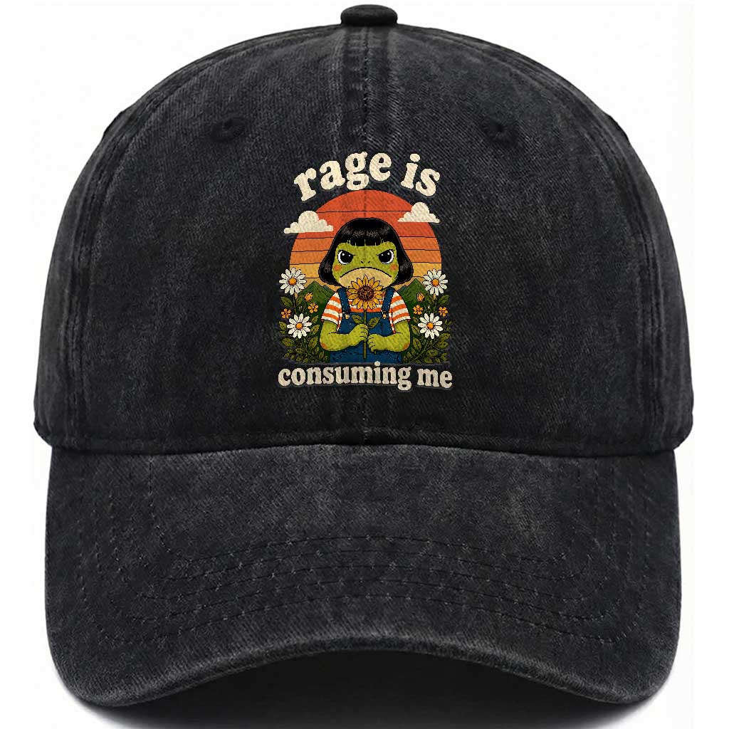 Rage Is Consuming Me Funny Cute Retro Cottagecore Frog Meme Washed Cotton Baseball Cap Holding Sunflower Sunset Aesthetic Humor TS02 Print Your Wear