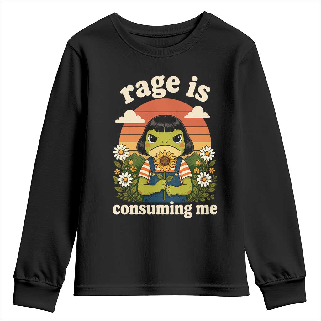 Rage Is Consuming Me Funny Cute Retro Cottagecore Frog Meme Youth Sweatshirt Holding Sunflower Sunset Aesthetic Humor TS02 Black Print Your Wear