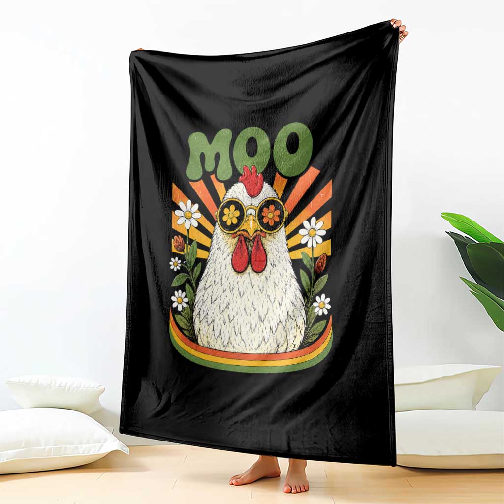 Retro Moo Chicken Wearing Sunglasses Graphic Throw Blanket Funny Groovy Farm Animal Pun Vintage Sunburst TS02 Print Your Wear