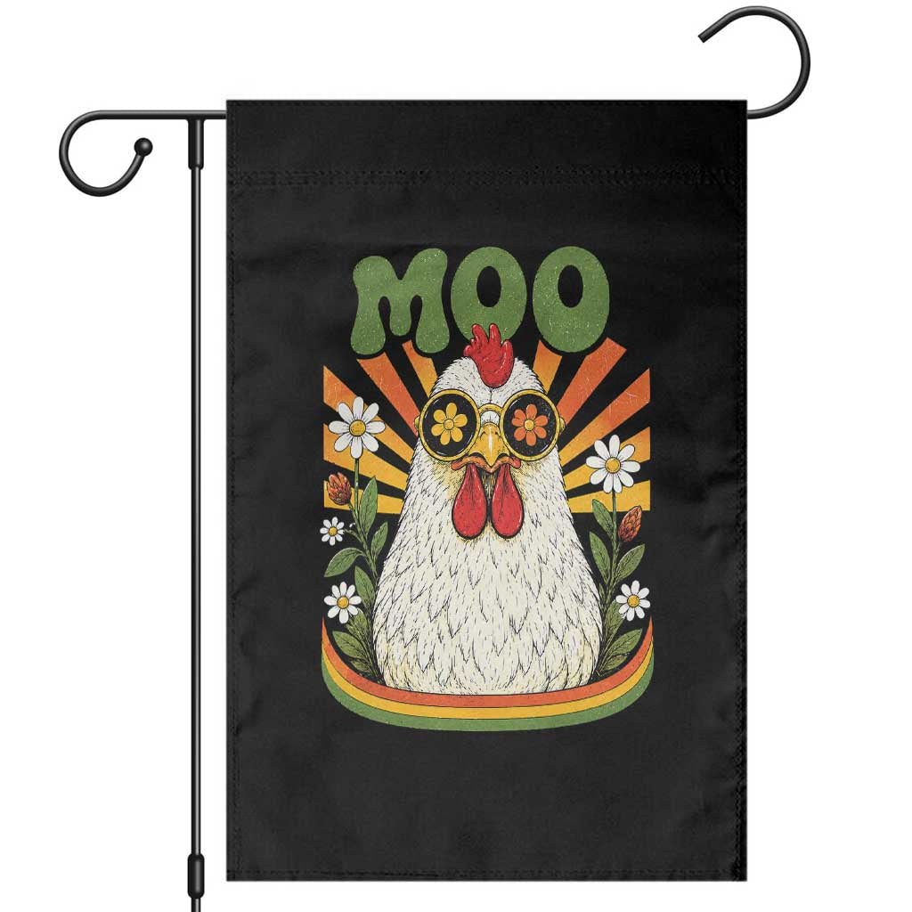 Retro Moo Chicken Wearing Sunglasses Graphic Garden Flag Funny Groovy Farm Animal Pun Vintage Sunburst TS02 Black Print Your Wear
