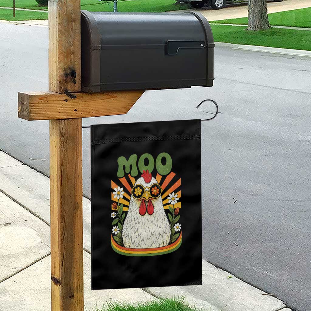 Retro Moo Chicken Wearing Sunglasses Graphic Garden Flag Funny Groovy Farm Animal Pun Vintage Sunburst TS02 Print Your Wear