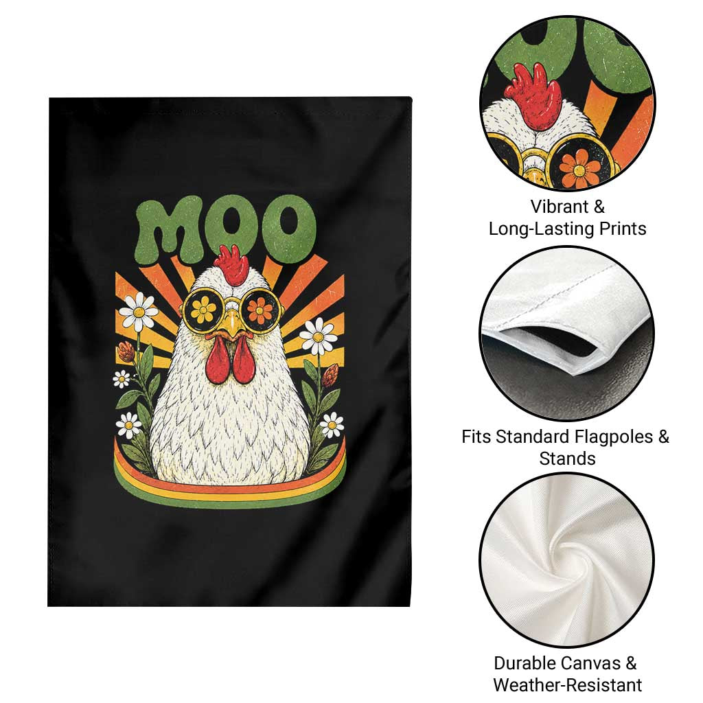 Retro Moo Chicken Wearing Sunglasses Graphic Garden Flag Funny Groovy Farm Animal Pun Vintage Sunburst TS02 Print Your Wear