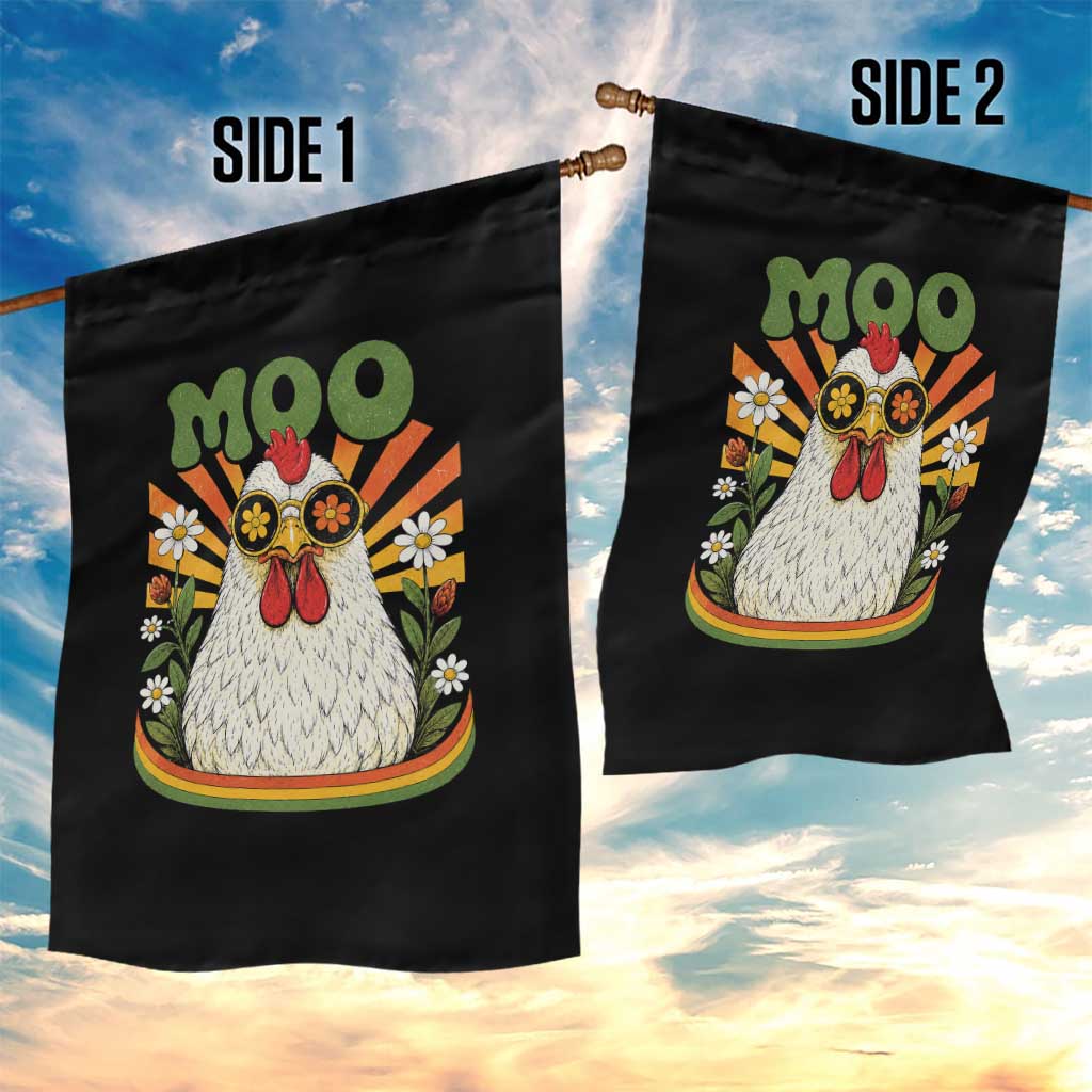 Retro Moo Chicken Wearing Sunglasses Graphic Garden Flag Funny Groovy Farm Animal Pun Vintage Sunburst TS02 Print Your Wear