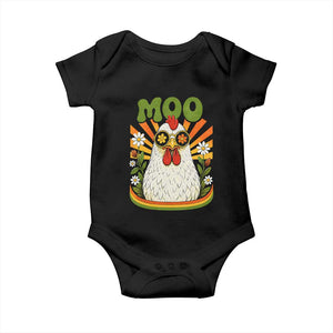 Retro Moo Chicken Wearing Sunglasses Graphic Baby Onesie Funny Groovy Farm Animal Pun Vintage Sunburst TS02 Black Print Your Wear