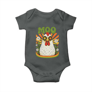 Retro Moo Chicken Wearing Sunglasses Graphic Baby Onesie Funny Groovy Farm Animal Pun Vintage Sunburst TS02 Dark Heather Print Your Wear